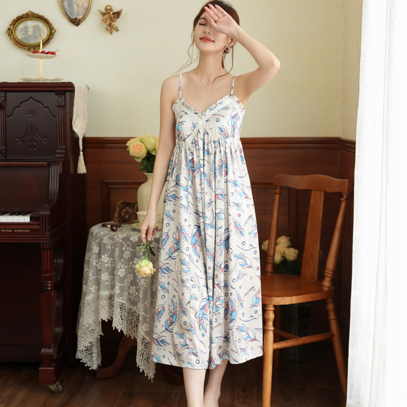 French-style Long Nightgown With Built-in Chest Pads Perfect For Wearing Outside