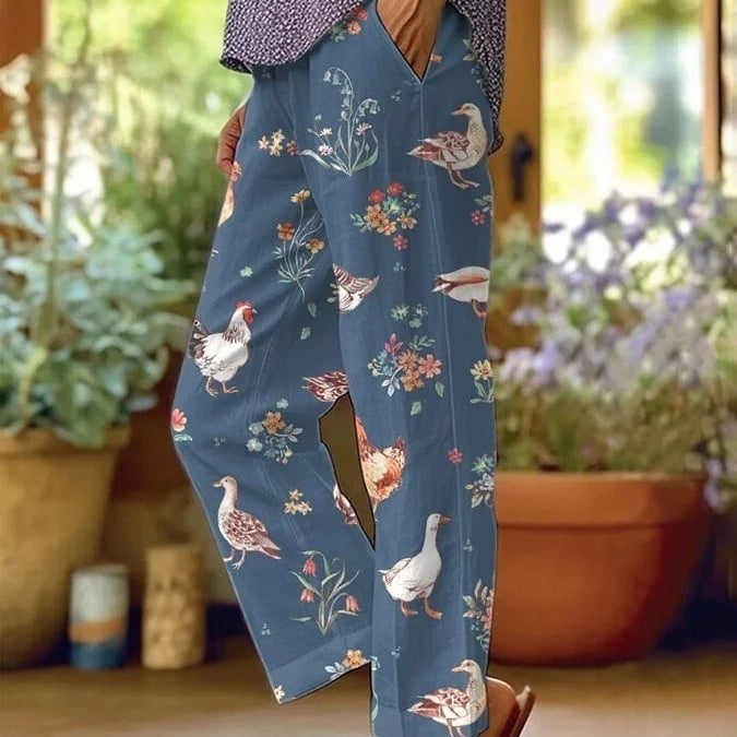 Digital Flower Printing Rag-eared Casual Pants