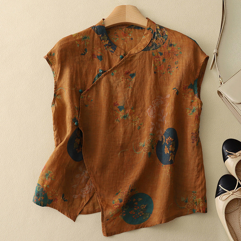 Women's New Chinese-style Sleeveless Shirt With Crossbody Buckle Printed Retro And Hipster Style Top