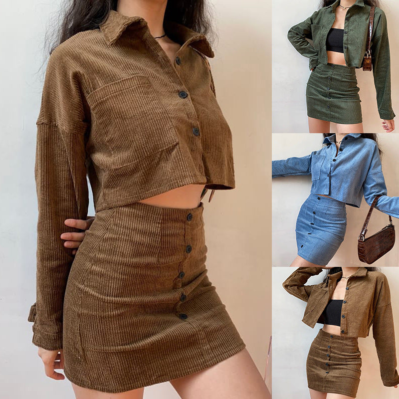 Fashion Casual Short Corduroy Jacket Skirt American Hot Girl Suit