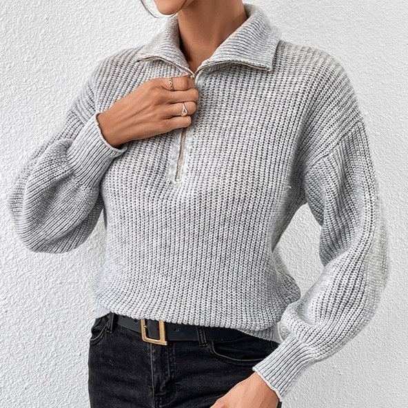 Women's Zipper Pullover Solid Color Loose Casual Long Sleeves Sweater