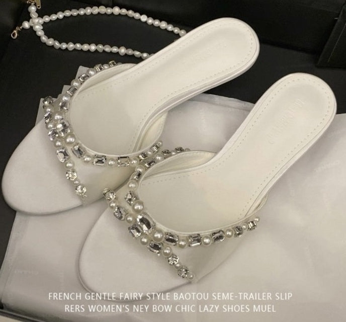 Women's Elegant Low Heel Sandals With Rhinestone & Pearl Bow, Round Toe, Simple Satin, Perfect For Dresses