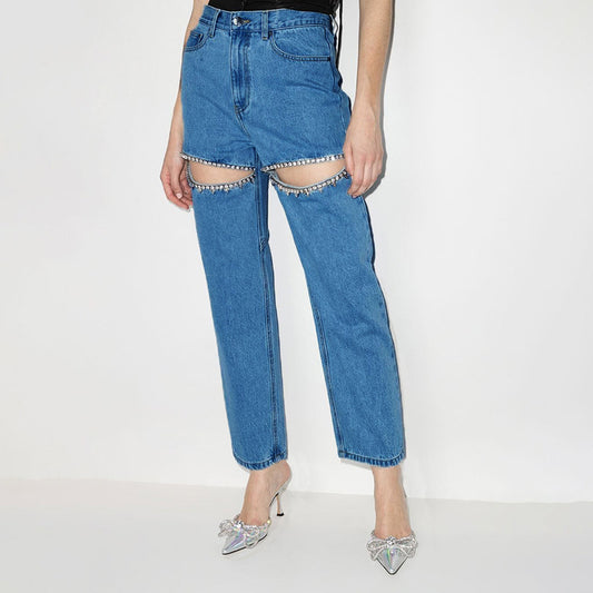 Lange Lige Jeans med Diamantperler og Høj Talje med Huller