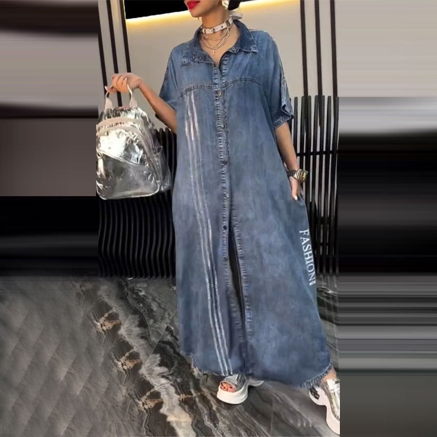 Spring Summer Mid-Length Denim Printed Dress