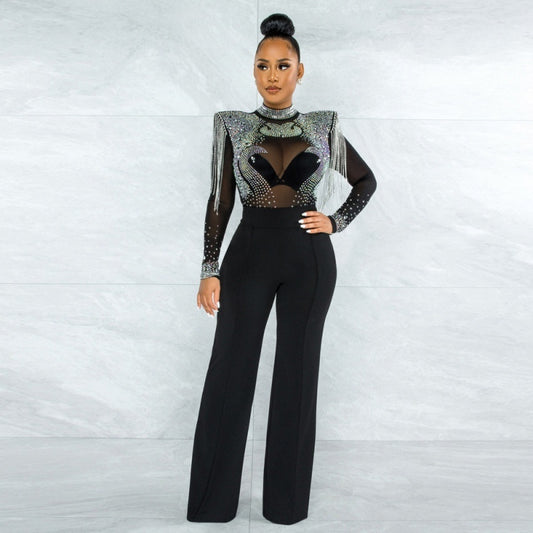 Arrival Hot-Stone Embellished Tassel-Trimmed Shoulder Design Sheer Polyester Mesh Patchwork Jumpsuit