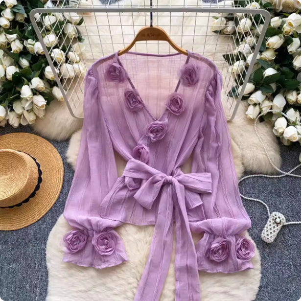 French-style Soft-aura Blouse With Flared Sleeves And 3D Floral Detailinglightweight And Delicate