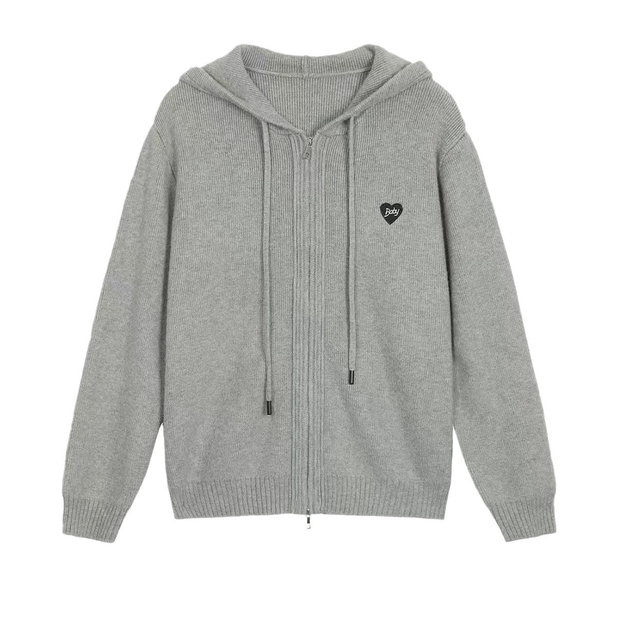 Loose Sports And Leisure Gray Hooded Knit Cardigan Coat For Women