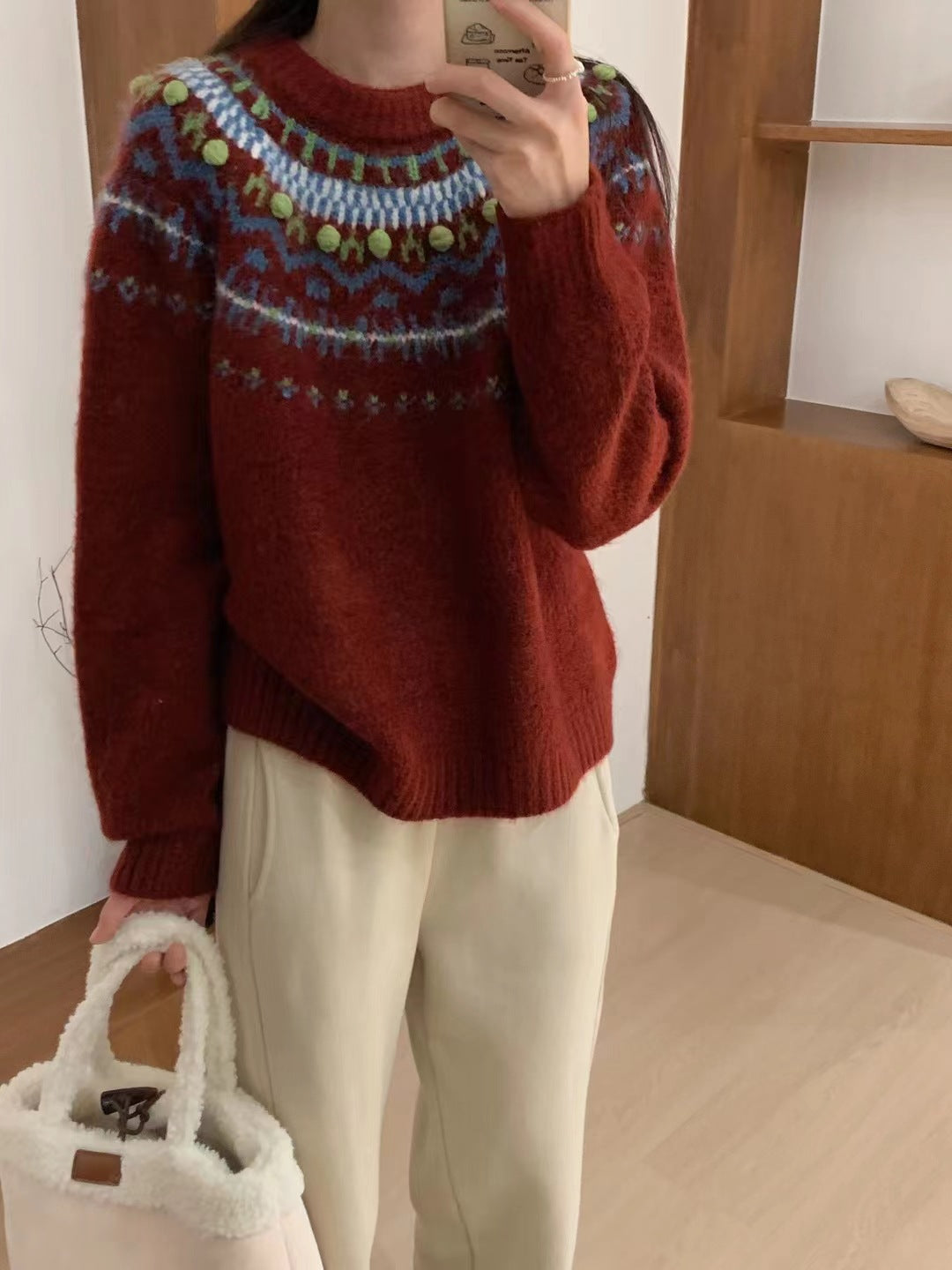 Red Christmas Style Sweater Women's Retro Contrast Color Round Neck Loose