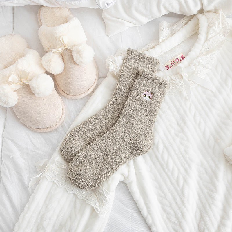 Half Velvet Socks Embroidered Squirrel Middle Tube Thick Warm Towel Socks