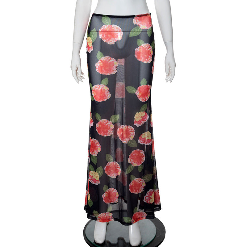 Summer Low Waist Printed Mesh Skirt Sheath