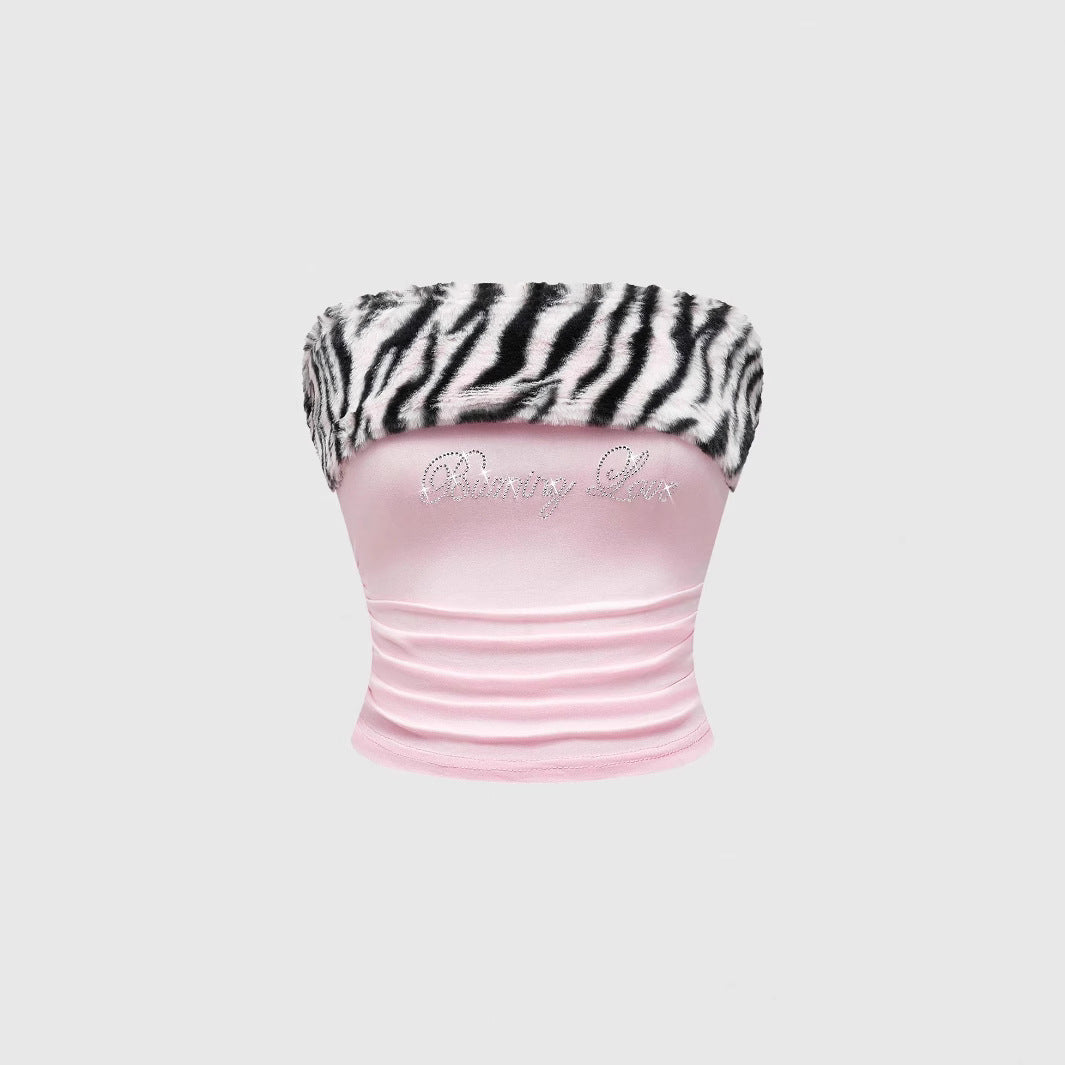 Leopard-print Patchwork Midriff-baring Spicy Girls Tube Top Vest