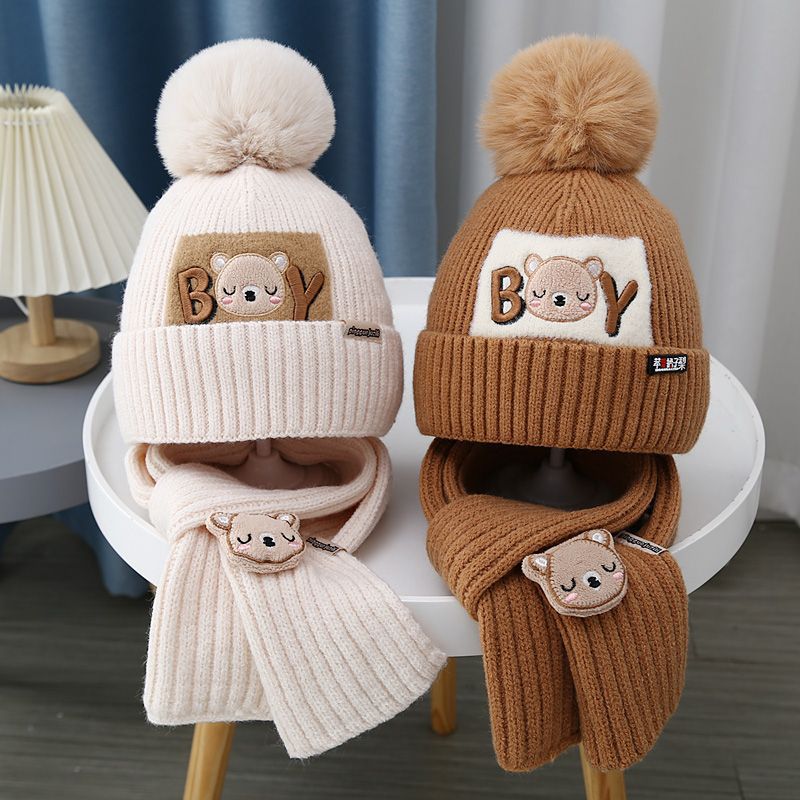 Children Hat Women's Knitted Keep Baby Warm Cartoon Bear Two-piece Set