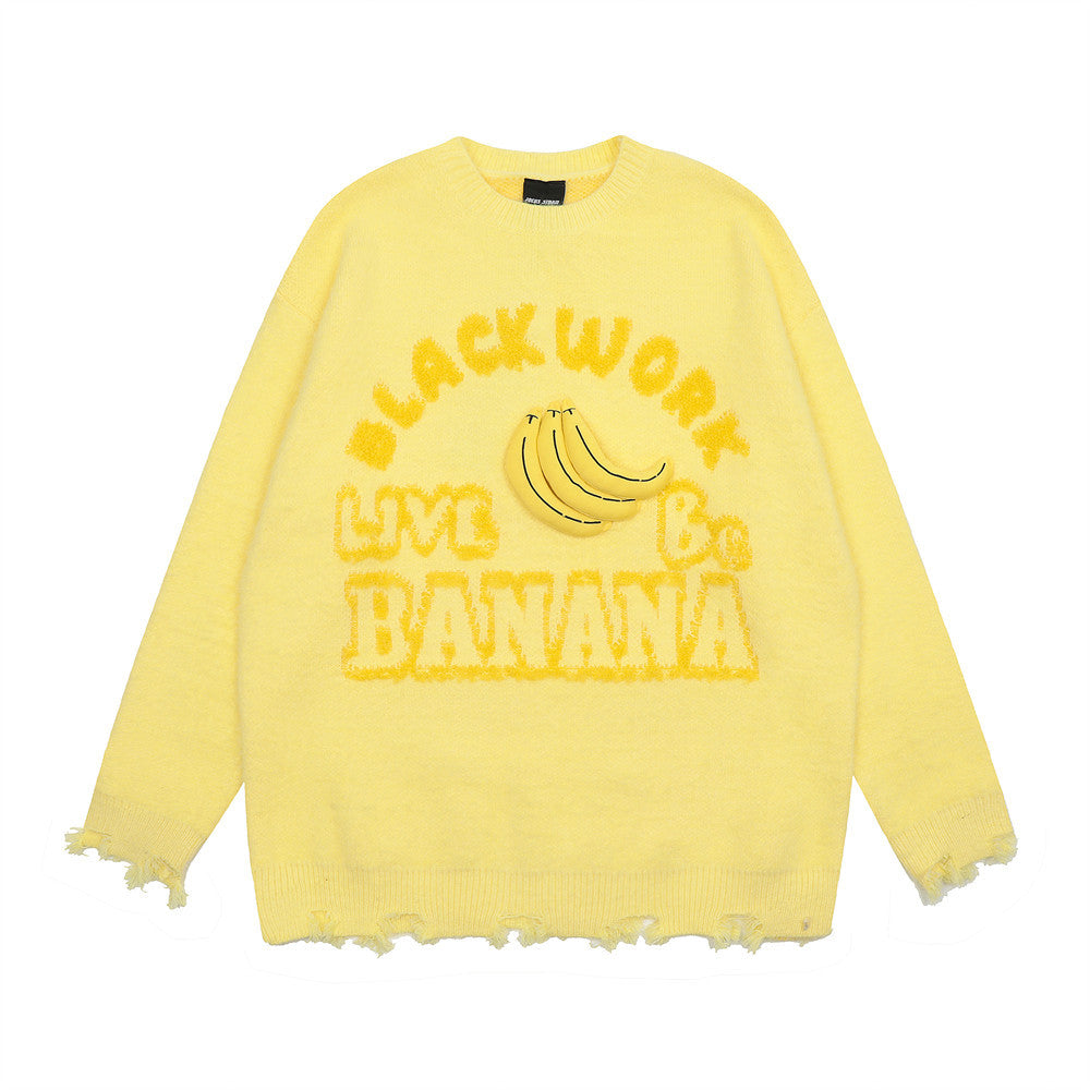 Banana Round Neck Sweater Men's High Street Ripped Ripped
