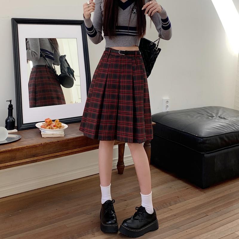 Red Plaid Skirt High Waist A- Line Lengthened Pleated Skirt