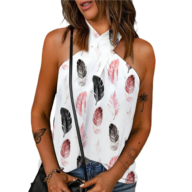 Casual Slim-fit Back-zip Halter-neck Printed Sleeveless Patchwork Top