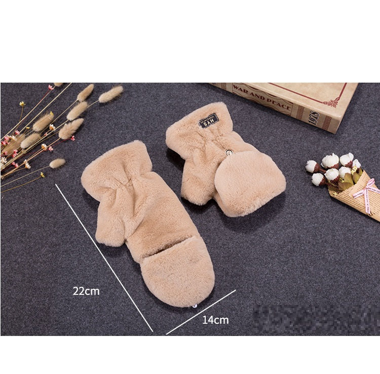 Korean Style Cute Student Couple Flip Pure Color Thickened Warm Plush Keyboard Half Finger Gloves For Men And Women Winter