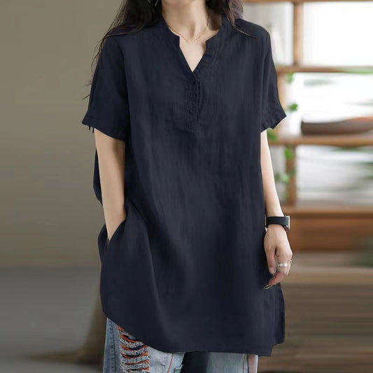 Loose Plump Girls Button Fashion V-neck Short Sleeve Solid Color T-shirt