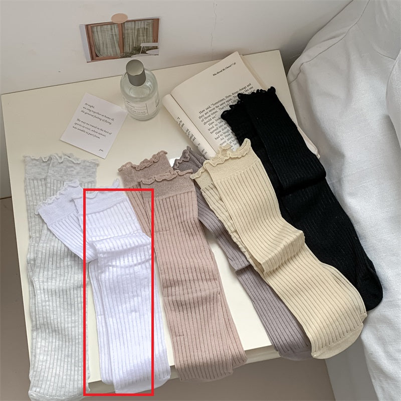 Solid Color Rib Fabric Wooden Ear Lady White Tube Bunching Socks