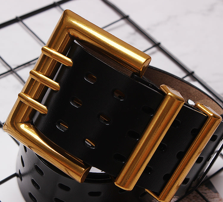 Women's Solid Color Metal Leather Wide Belt