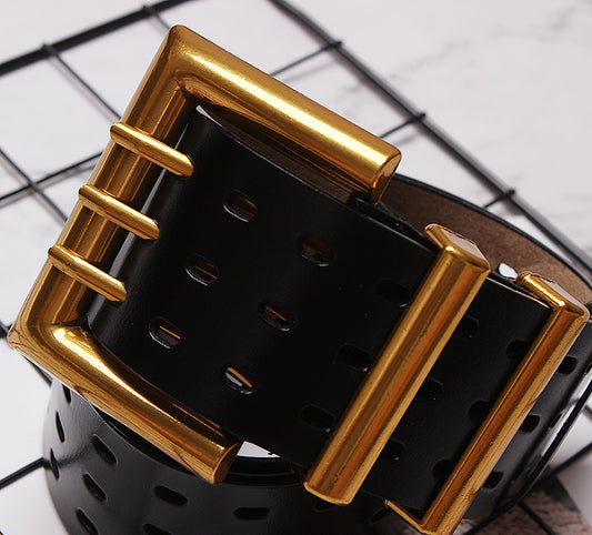 Women's Solid Color Metal Leather Wide Belt