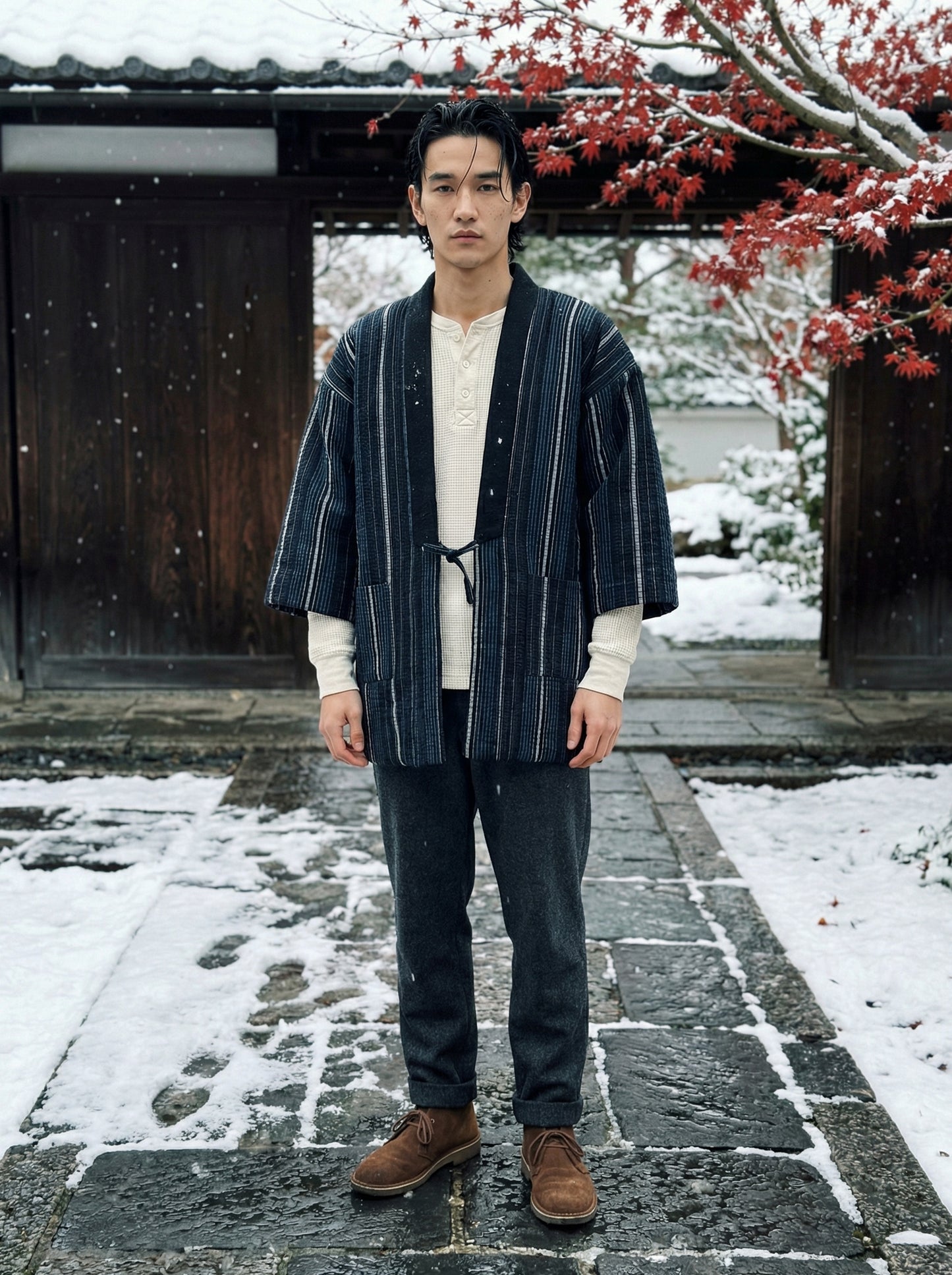 Men's Haori-Style Autumn Winter Quilted Jacket - Japanese Kimono Coat, Striped Loungewear, Indoor Wear. Lightweight Thermal Japanese Style Cotton Coat