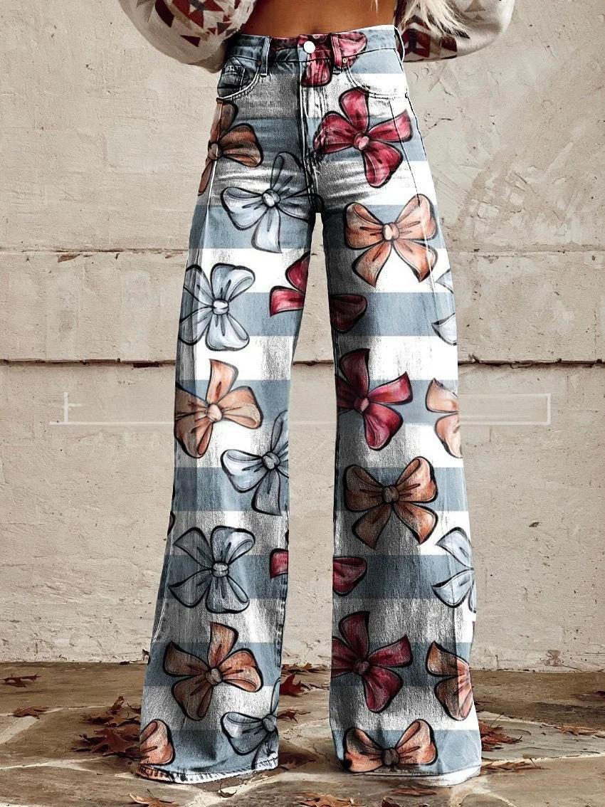 printed Retro Sunflower Guitar Art-style Womens Wide-leg Flared Denim Jeans 3D