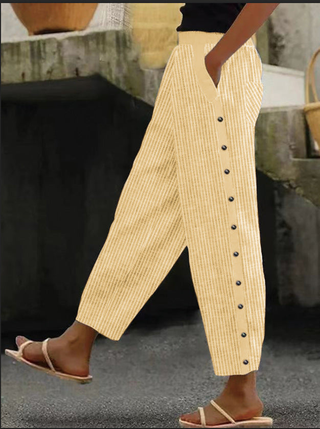 Printed Striped Button-binding Elastic Waist Cropped Pants