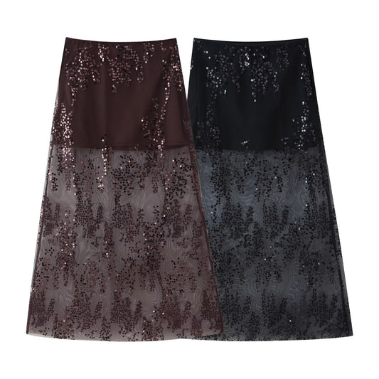 Bead Embroidered High Waist Skirt