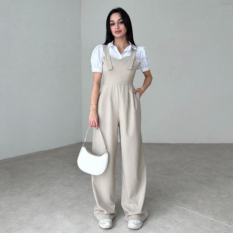 Solid Color High Waist Loose Wide Legs Trousers Sleeveless Jumpsuit
