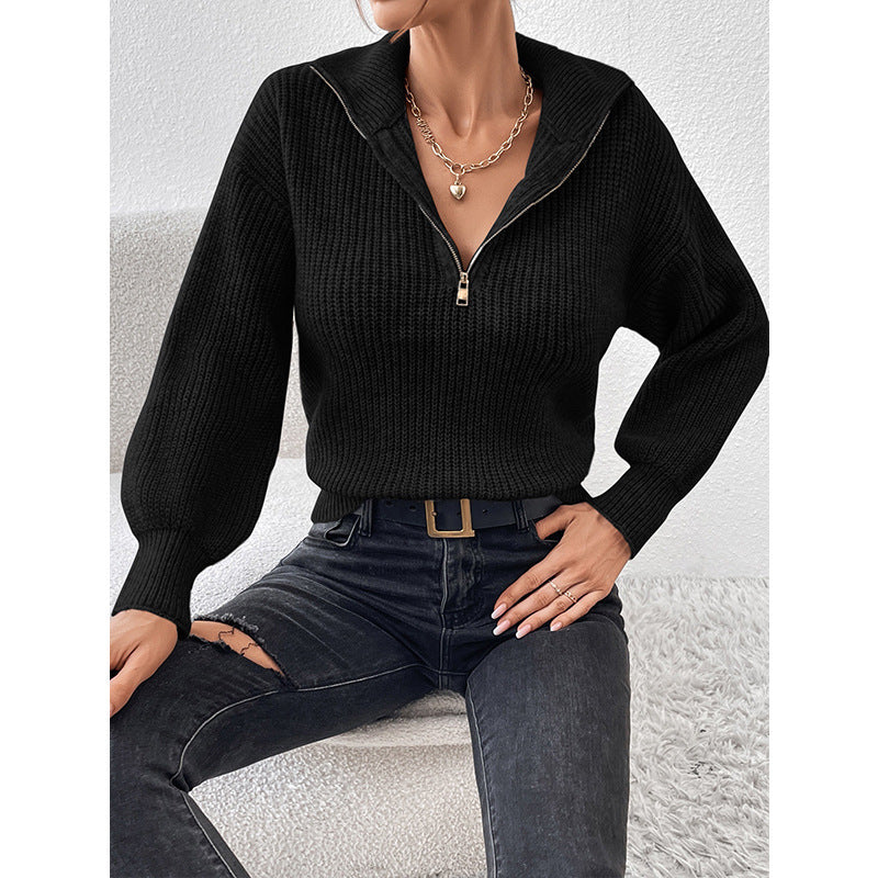 Women's Zipper Pullover Solid Color Loose Casual Long Sleeves Sweater