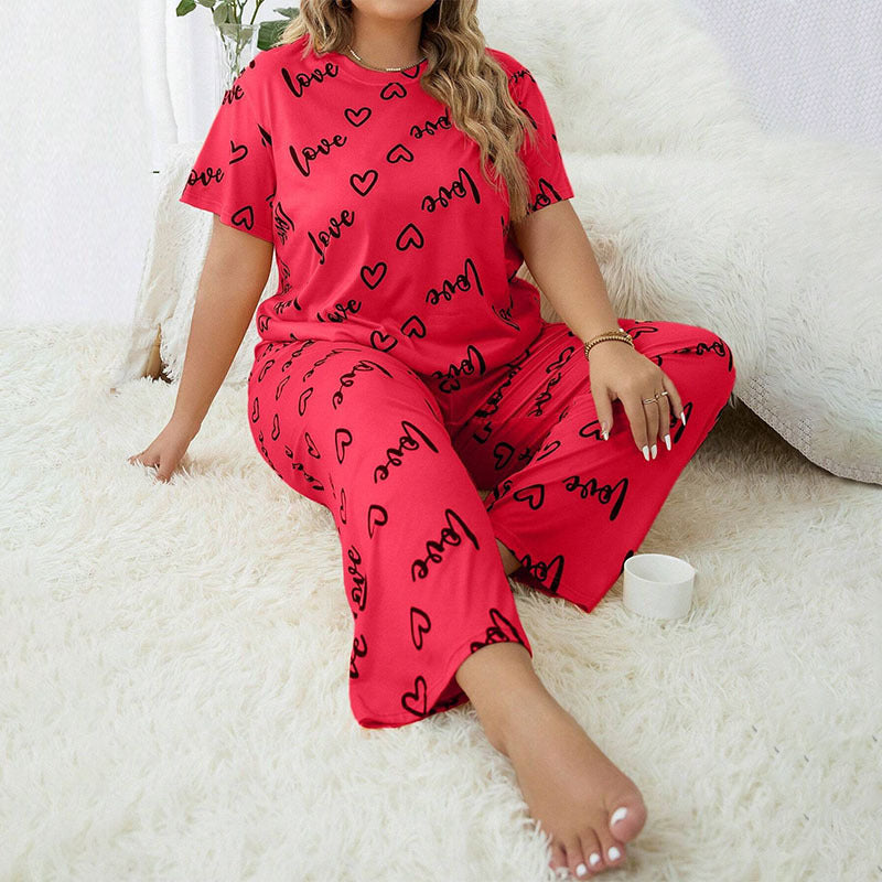 Women's Plus-sized Heart Printing Round Neck Short-sleeved Trousers Pajamas Suit