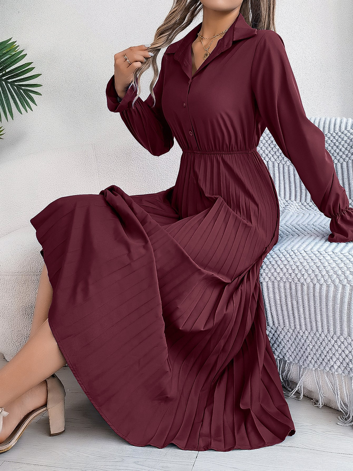 Women's Casual Lapel Button Long Sleeve Tie Waist Pleated Maxi Dress