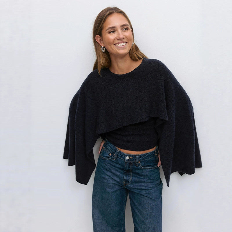 Women's Loose Round Neck Cape Shawl Top Knitted Sweater