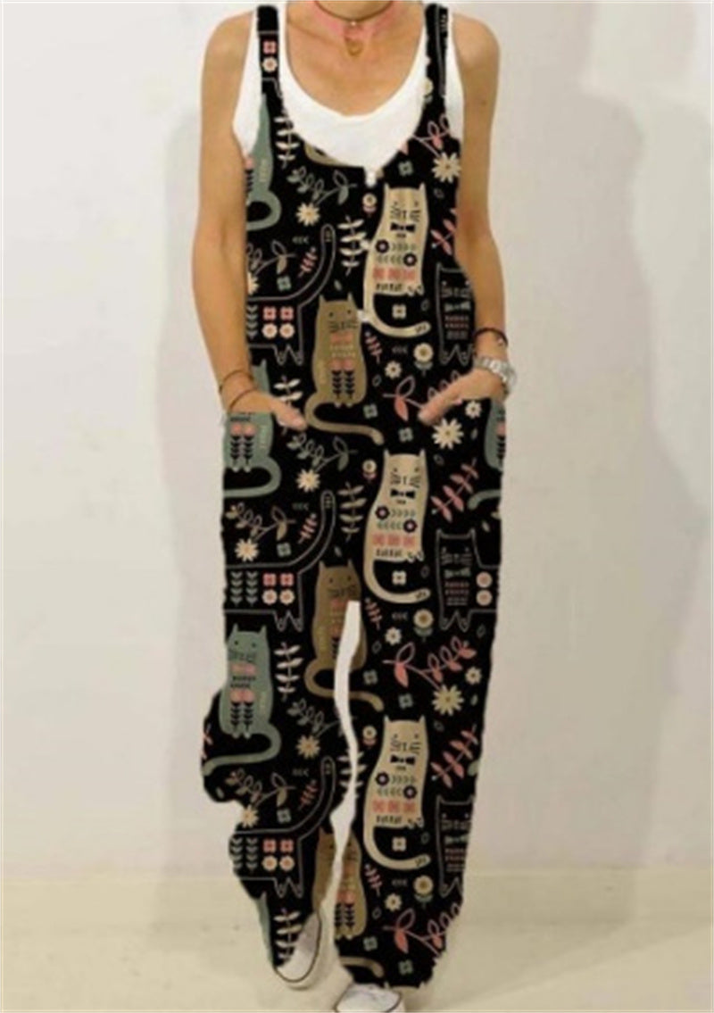 Women's Animal Floral Botanical Print Casual Sleeveless Loose Jumpsuit