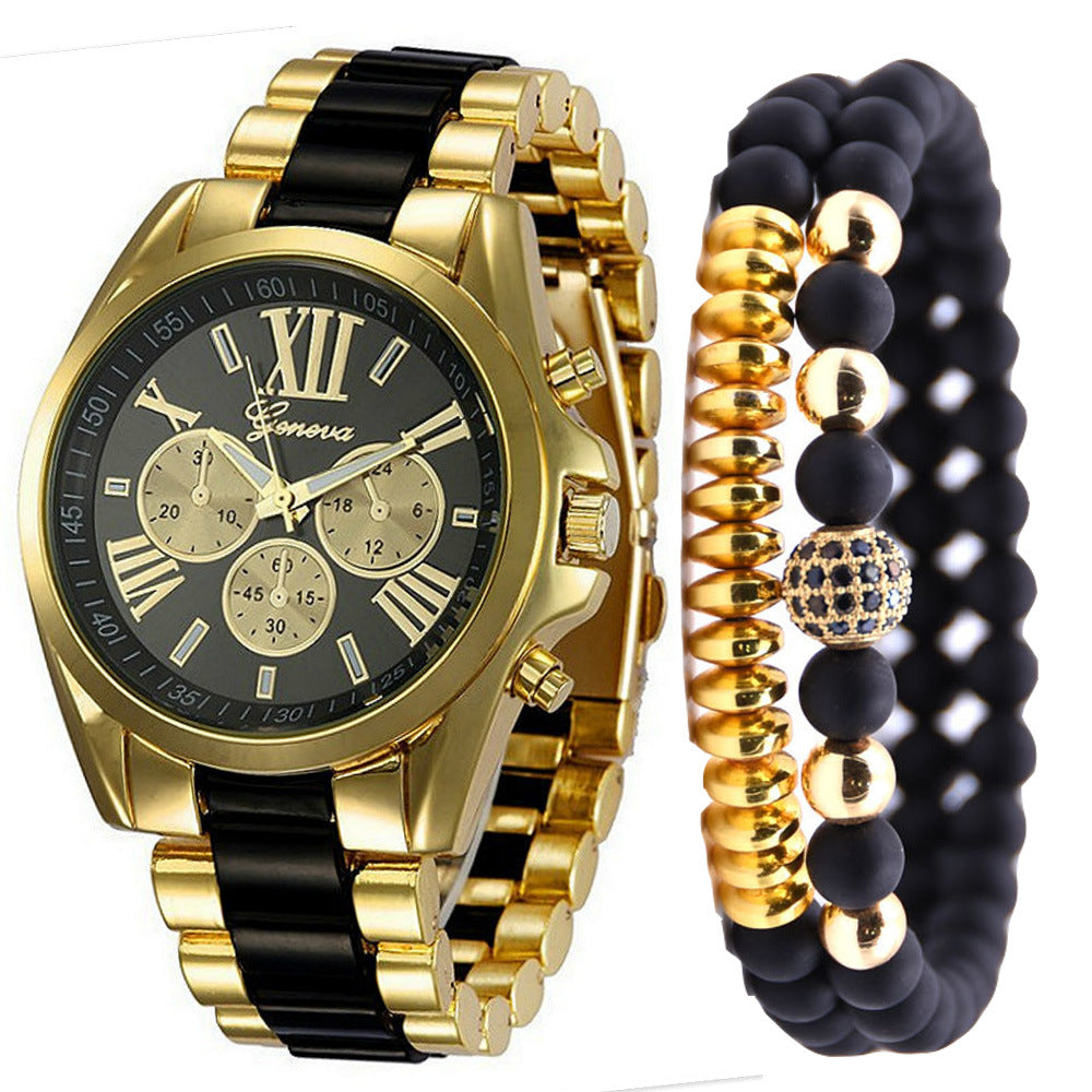 Fashionable Simple Fake Three Eyes Steel Band Quartz Watch Send Bracelet