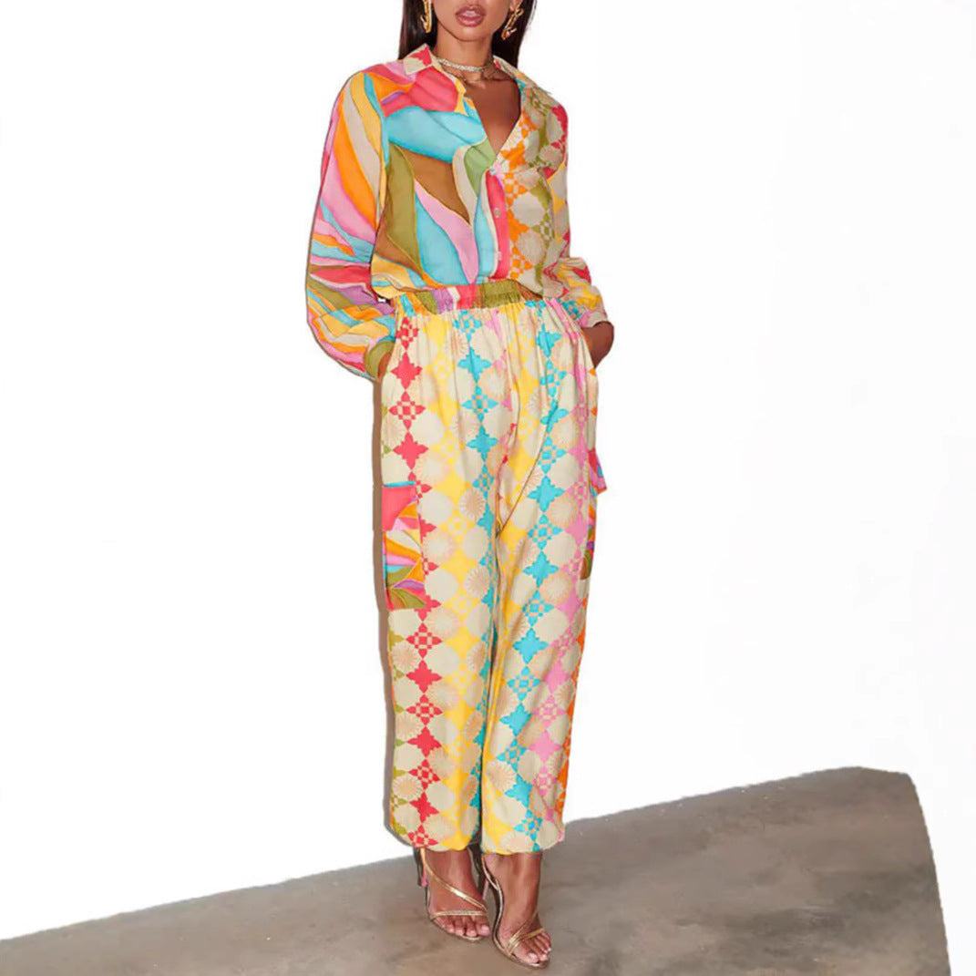 Women's V-neck Printed Painted Lantern Sleeve Elegant Commuter Style Casual Pants Set
