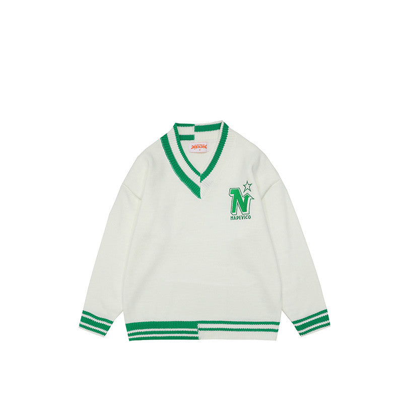 Men's And Women's Letter Embroidered Pullover V-Neck Sweater