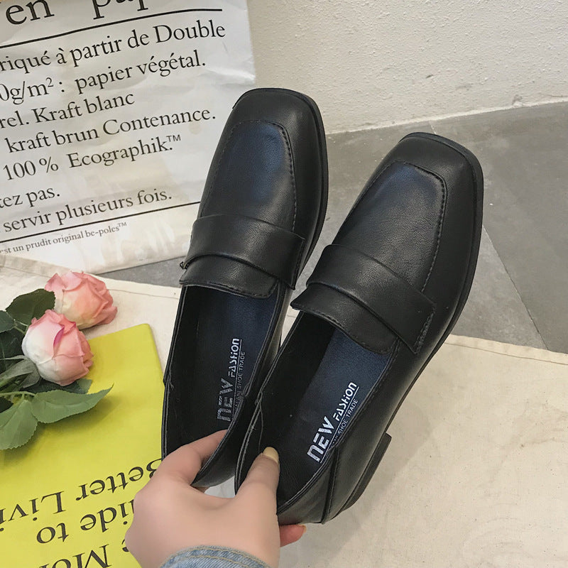 Retro Square Toe Mid-heel Soft Leather Chunky-heel Loafers