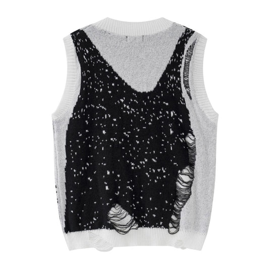 Men's Sweater Color Matching Crochet V-neck Hole Pullover Knitted Vest