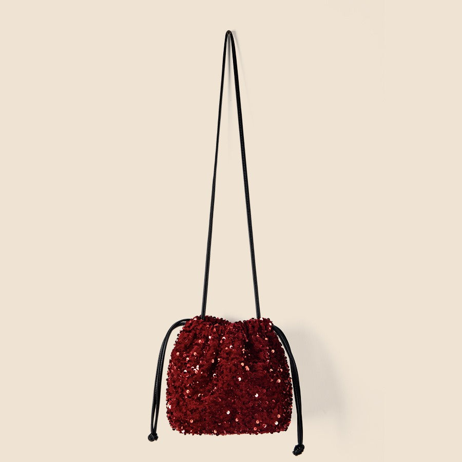 Drawstring Pull String Shoulder Bag Women's Starry Sequins