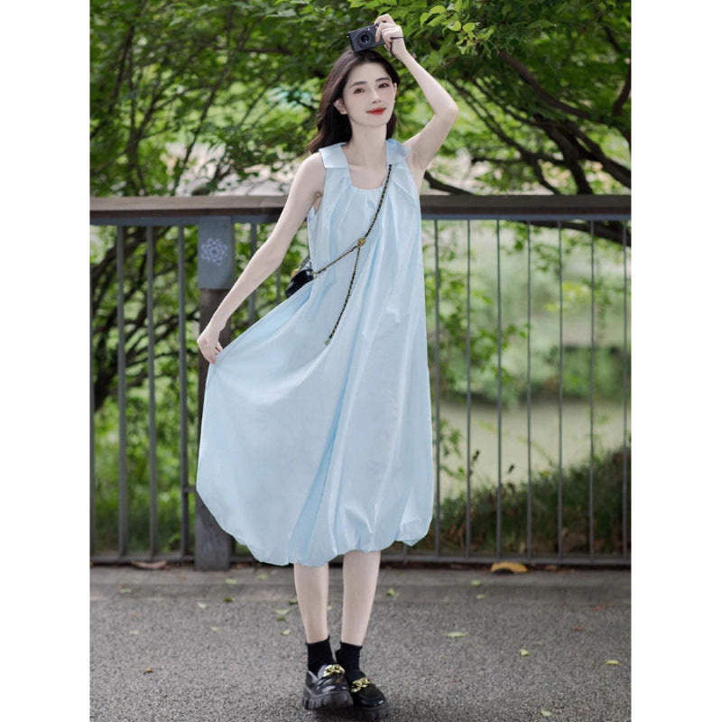 French-style Sophisticated Blue Sleeveless Slip Dress