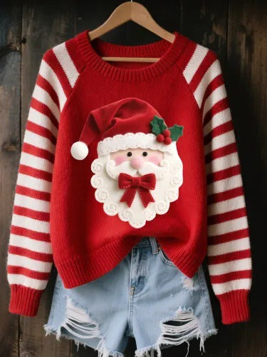 3D Digital-Print Womens Crew-Neck Loose Retro Jacquard Pullover Sweater