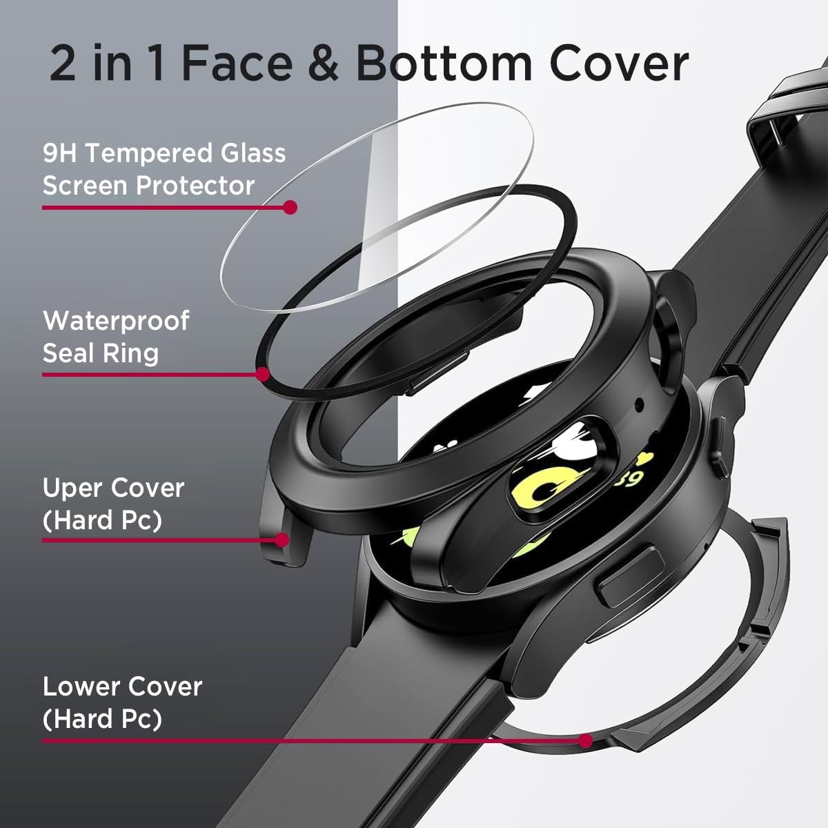 Galaxy Watch FE/5/4 40Mm Waterproof Screen Protector Case, Hard PC Face Cover with Anti-Fog Tempered Glass for Samsung Watch, Frosted Black