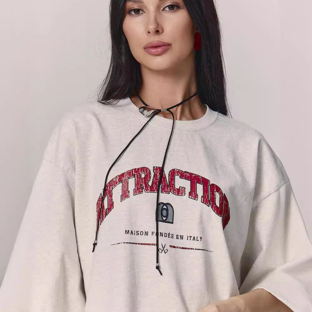 Women's Letter Printed T-shirt Loose Shoulder