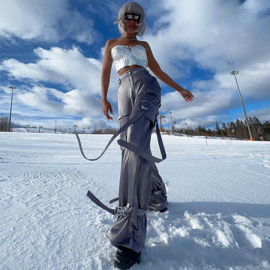 Functional Gray Streamer Design Overalls Women
