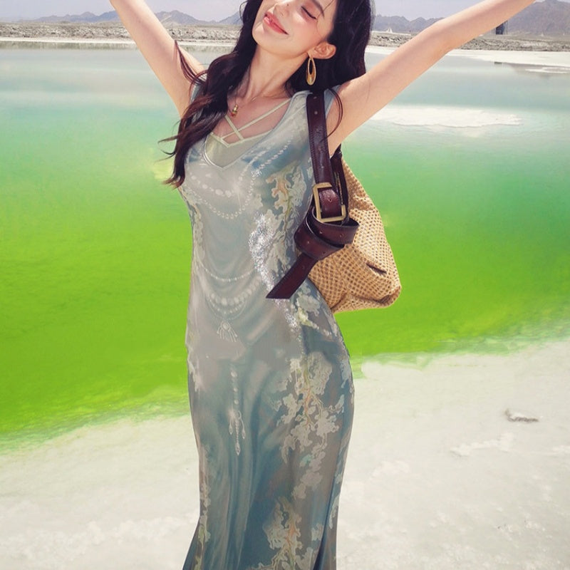Green Sculptural Floral Print Two-Piece V-Neck Short-Sleeve Dress