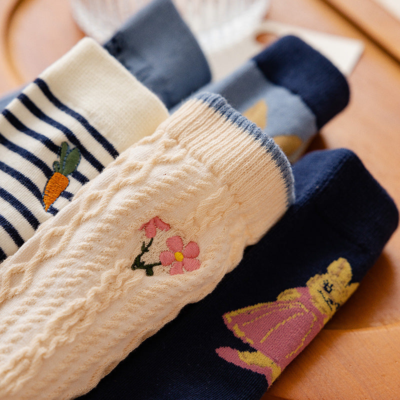 Cute Cartoon Striped Ladies In Tube Socks Ethnic Style Flowers