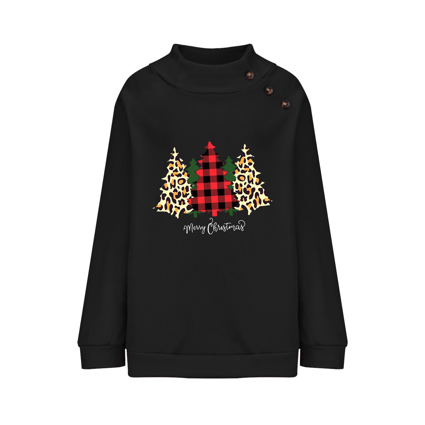 High Round Neck Button Christmas Loose Long Sleeve Sweatershirt Women