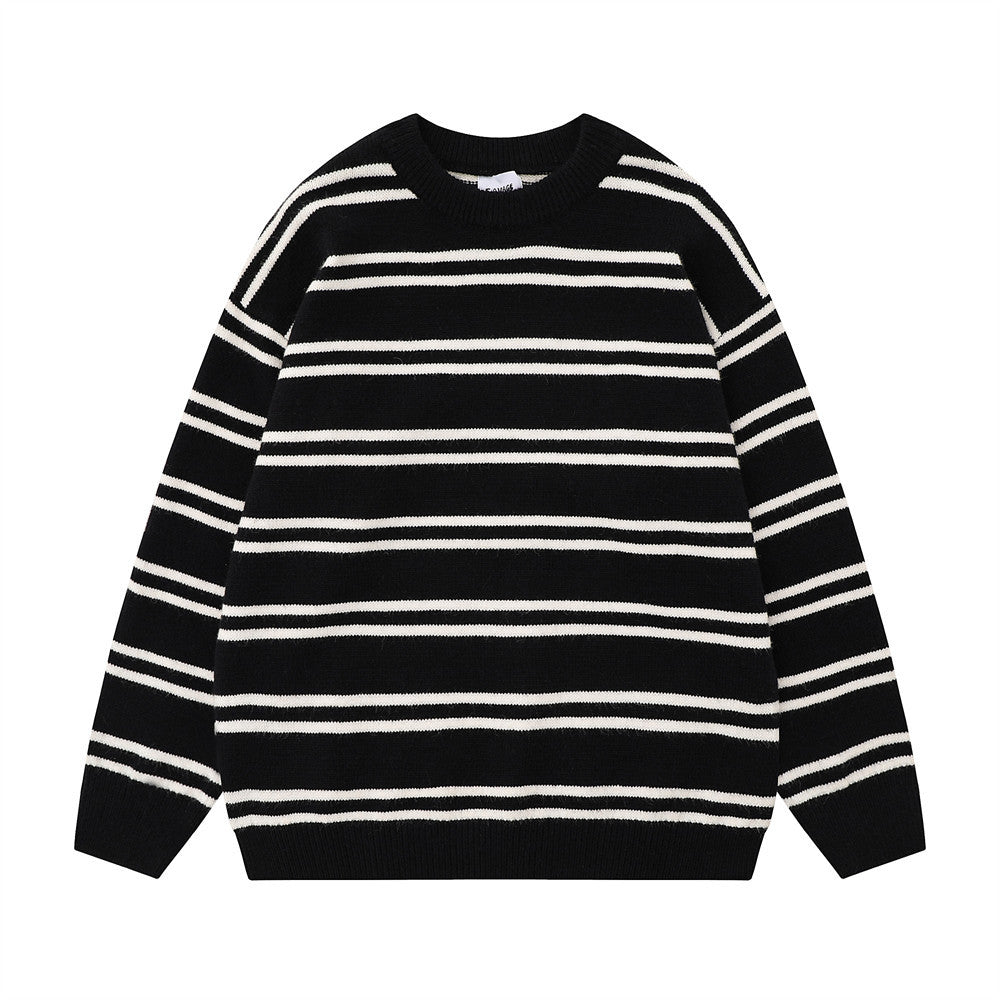 Striped Round Neck Knitted Sweater Men's Loose