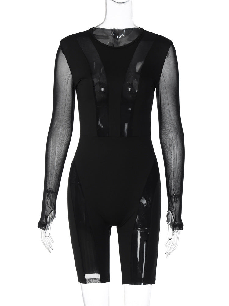 Women's Fashion Long Sleeve Stitching Mesh Jumpsuit